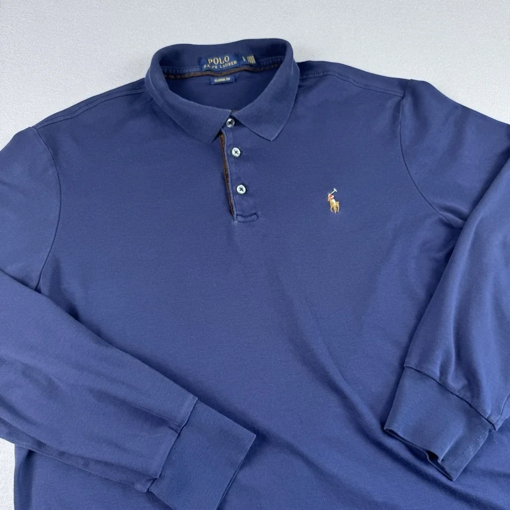 Polo Ralph Lauren Long Sleeve Polo L Blue Pony Rugby Classic Cotton‎ Performance